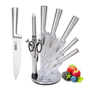 knife set, professional stainless steel chef knife set of 9 with rotatable acrylic stand for kitchen, ergonomic ultra sharp non-stick kitchen knife set with gift box for women gifts