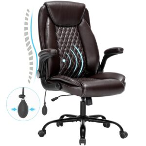 Seevoo Office Chair Desk Chair High Back Computer Chair - Adjustable Lumbar Support with Flip-Up Arms PU Leather Chair with Spring Cushion