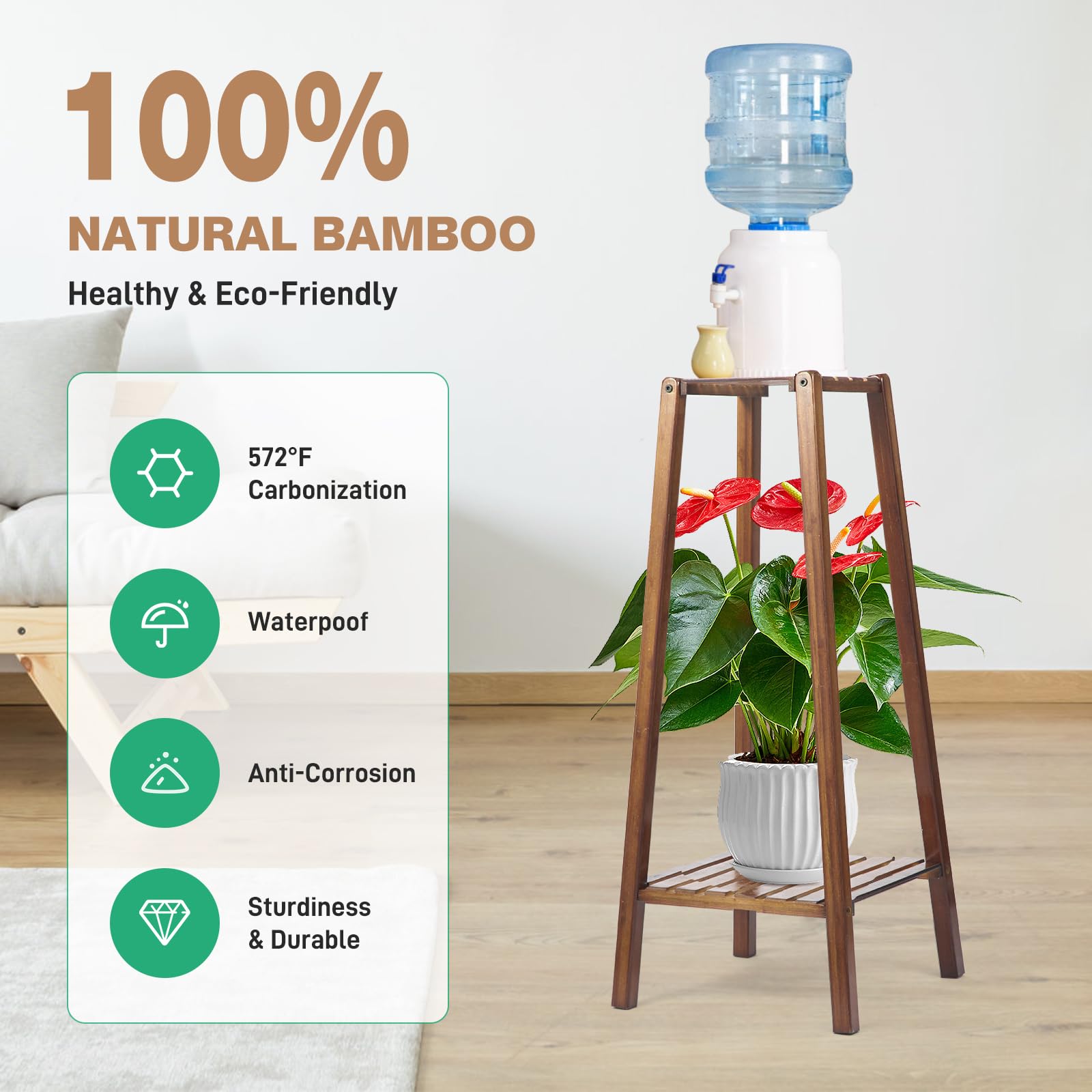 Natural Bamboo Water Dispenser Stand (30" Hight-8" Wide), New Upgrade 5 Gallon Water Jug Stand for 1-5 Gallon Water Dispensers, Water Dispenser Floor Stand for Kitchen, Living Room, Office, etc.