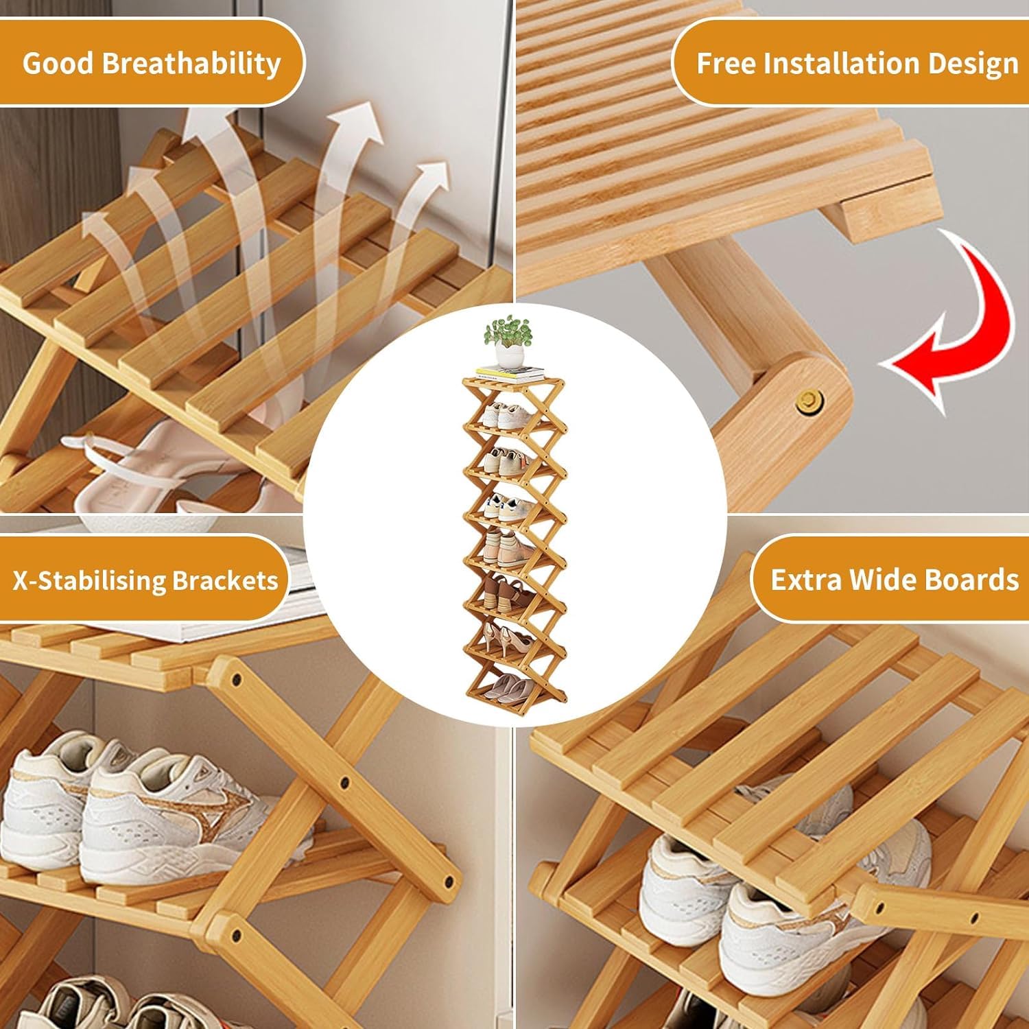 YYW Bamboo Shoe Rack for Entryway,Installation-Free and Foldable Vertical Shoe Storage Organizer,Free Standing Shoe Racks Shelf Closet Shoe Organizer for Living Room (Nature-4 Layers)