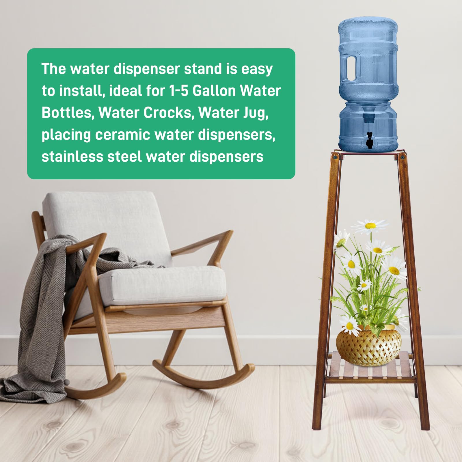 Natural Bamboo Water Dispenser Stand (30" Hight-8" Wide), New Upgrade 5 Gallon Water Jug Stand for 1-5 Gallon Water Dispensers, Water Dispenser Floor Stand for Kitchen, Living Room, Office, etc.