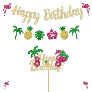 glitter tropical happy birthday banner luau birthday banner and birthday cake toppers flamingo flower banner for summer birthday party decorations theme baby shower supplies