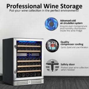 Upgraded 24 Inch Wine Cooler Refrigerator, 46 Bottle Dual Zone Wine Fridge, Built in or Freestanding Wine Cooler with Stainless Steel, Low Noise, Glass Door, Safety Lock, Temperature Memory Function