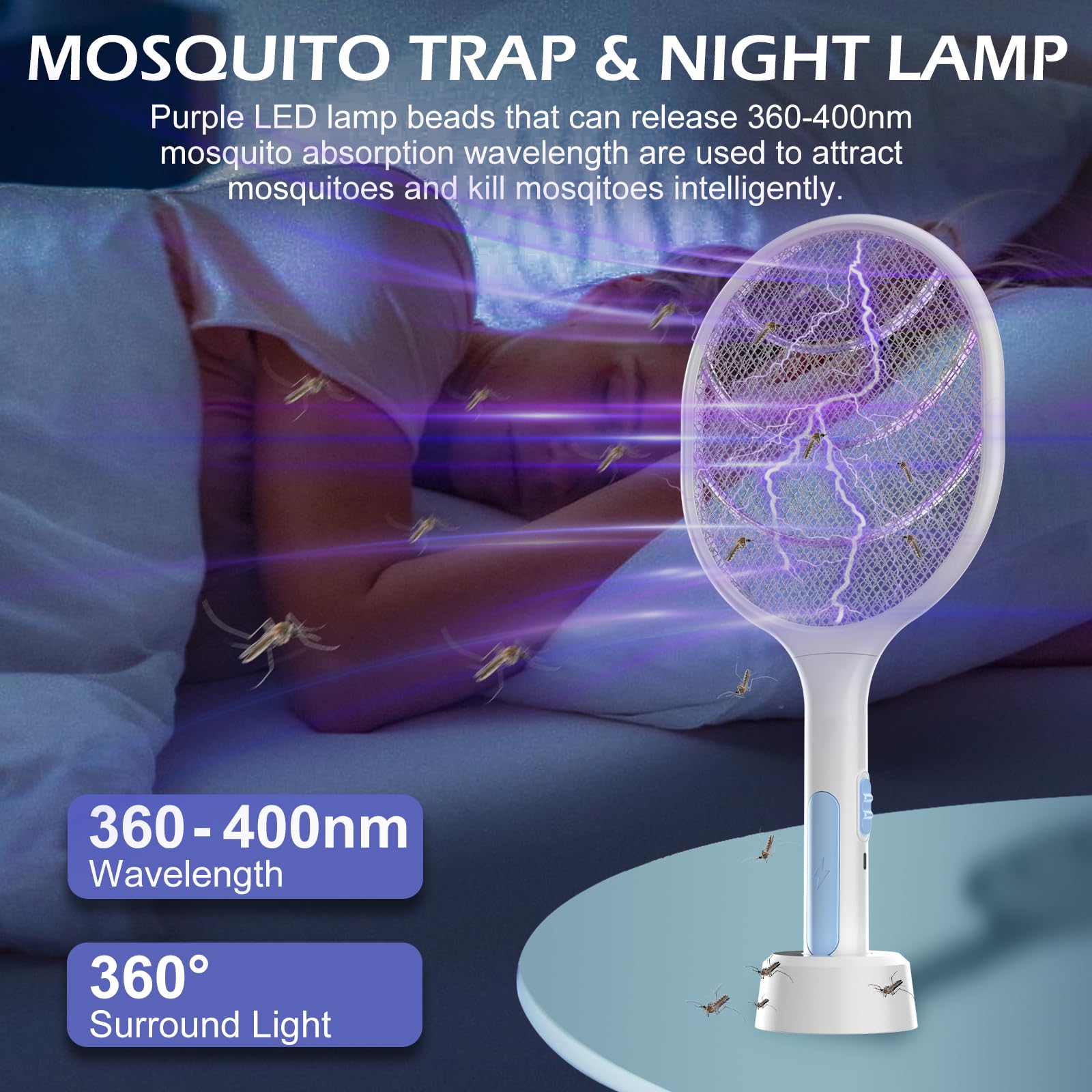 Bug Zapper 2 Pack, VANELC Electric Fly Swatter Racket Fly Zapper, 3000 Volt USB Rechargeable Fly Trap Mosquito Zapper Pest Insects Control for Home, Kitchen, Office, Outdoor