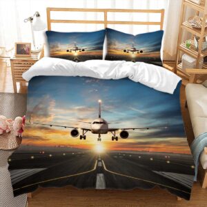 yahfshuilu airplane duvet cover sets 3d print comforter cover bright orange sunset airplane bedding sets with zipper ties vast grey runway airplane cover 2 pillow shams,full size