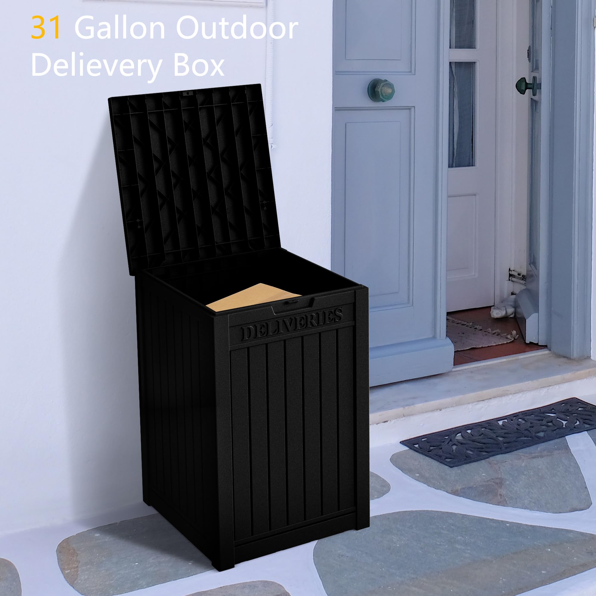 TPSOUM 48 Gallon Resin Package Delivery Box with Lockable Lid, Rust & Moisture Resistant Weatherproof Deck Box for Porches, Patios, Indoor & Outdoor Use