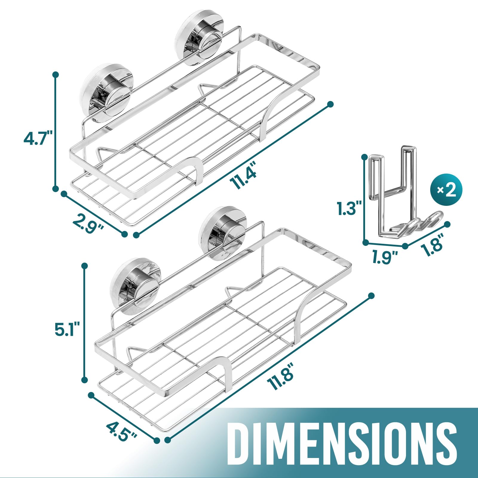 TAILI Shower Caddy Suction Cup 2 Pack, Heavy Duty Bathroom Shower Organizer, No Drilling Shower Shelves for Inside Shower, Stainless Steel Silver Shower Holder Organizer for Bathroom