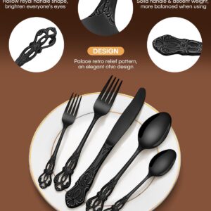 EUIRIO 40 Pieces Royal Silverware Set Black, Retro Flatware Set for 8, Stainless Steel Cutlery Set with Luxury Forks Spoons and Knives, Utensils Set Mirror Polished, Dishwasher Safe