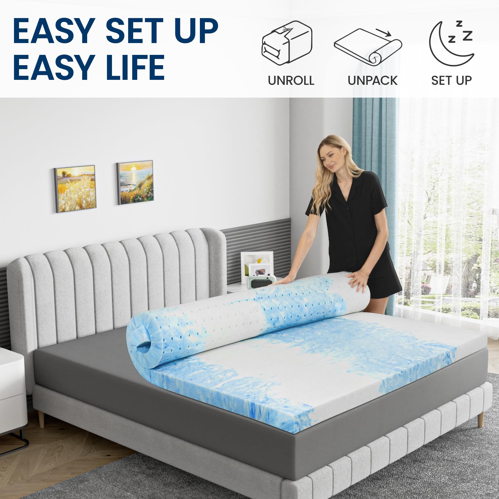 Memory Foam Mattress Topper Queen 3 Inch - Flexpedic Cooling Gel Foam Mattress Topper Queen Pad for Back Pain Relief - Ventilated and Breathable - CertiPUR-US Certified - Soft & Blue