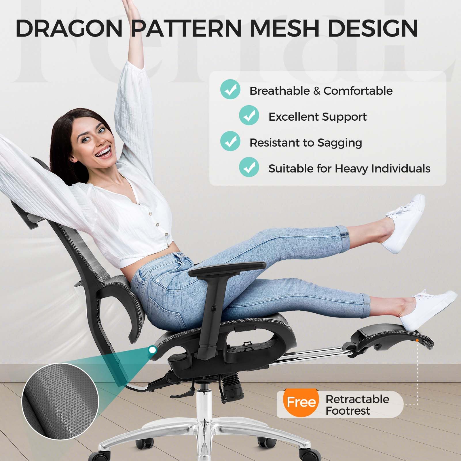 Ferral Ergonomic Office Chair, High Back Home Office Desk Chair with Lumbar Support, 4D Adjustable Armrest & Seat Depth, Computer Mesh Office Chair with Tilt Function, Adjustable Headrest, footrest