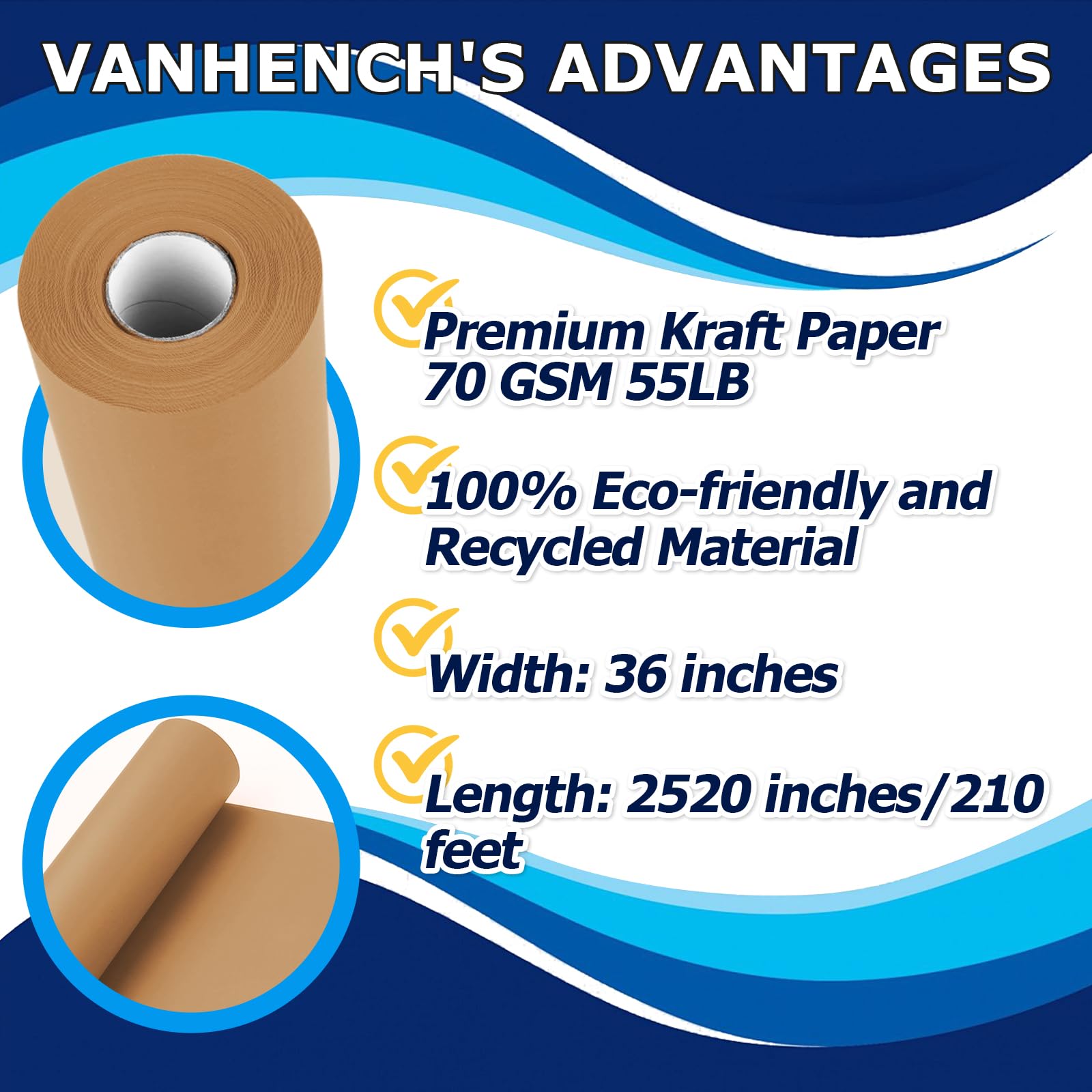 Vanhench 36"x 2520" (210') Brown Kraft Paper Roll, Craft Paper, Wrapping Paper for Bulletin Board Paper Roll Art Craft Bouquet Flower Table Covering Poster Packing Shipping Moving Supplies 70GSM 50LB