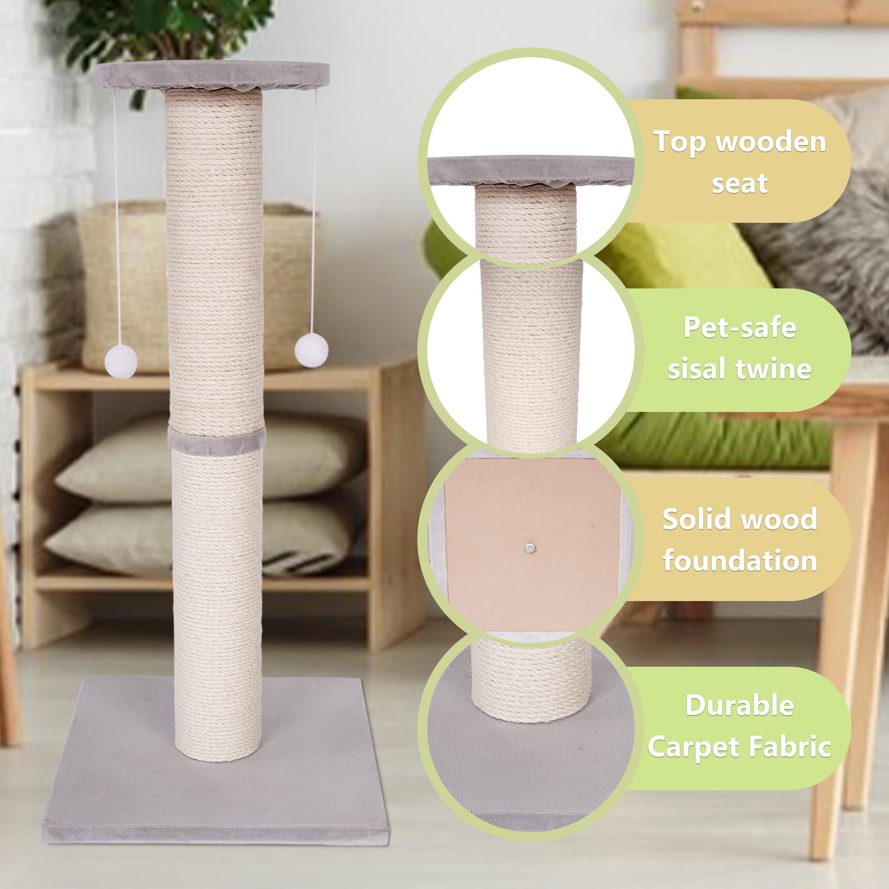 Cat Scratching Post-Scratching Post with Sisal Rope for Indoor Cats Large Cat Scratching Post sisal cat Scratcher Cute for Kitten Scratching Post(34 inch)