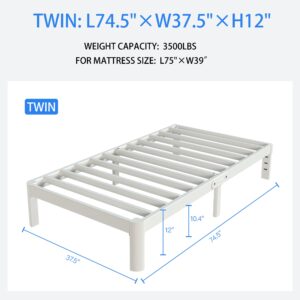 KZZLOL White Twin Size Bed Frames 12 Inch, Metal Platform Twin Bed Frame No Box Spring Needed, Heavy Duty Steel Support 3500 LBS, DIY Headboard, Round Legs, Noiseless, Storage Space, Easy Assembly