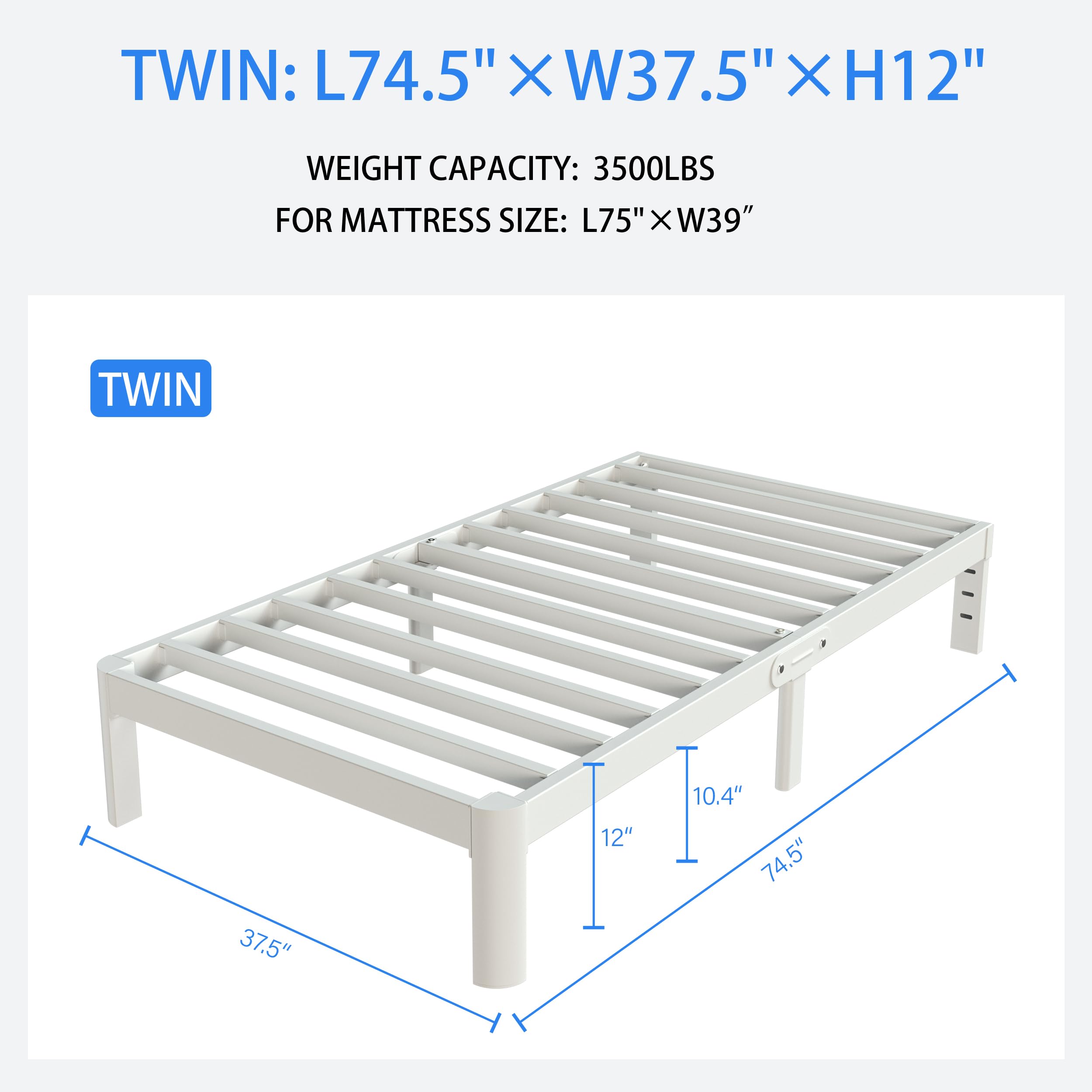 KZZLOL White Twin Size Bed Frames 12 Inch, Metal Platform Twin Bed Frame No Box Spring Needed, Heavy Duty Steel Support 3500 LBS, DIY Headboard, Round Legs, Noiseless, Storage Space, Easy Assembly