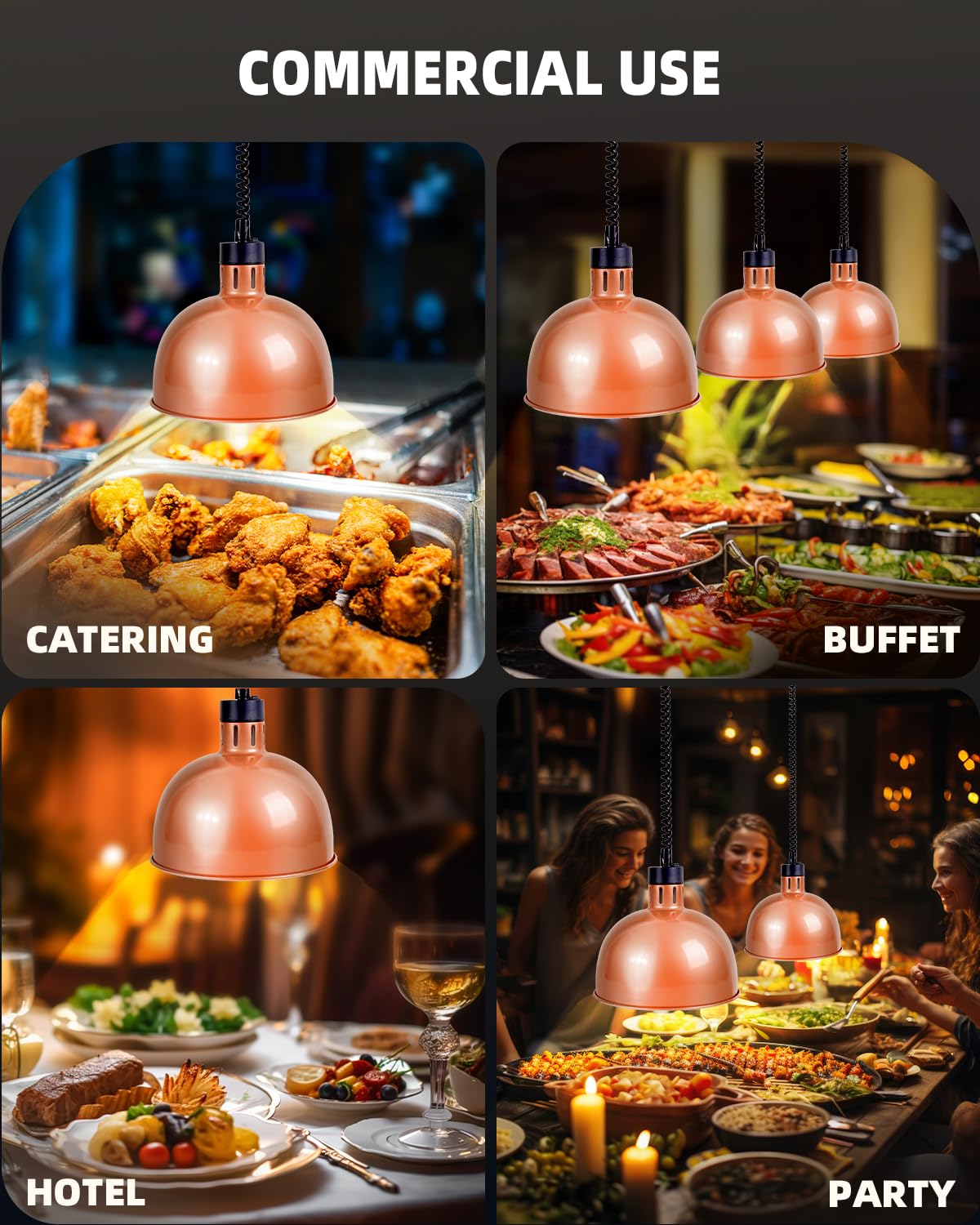 Hanging Food Heat Lamp: Commercial Food Warmer Hanging Heating Lamps with Infrared Bulb Warming Lamp for Food Service Restaurant Buffet, Height Adjustable (Dia.29cm/11.4in), Painted Copper