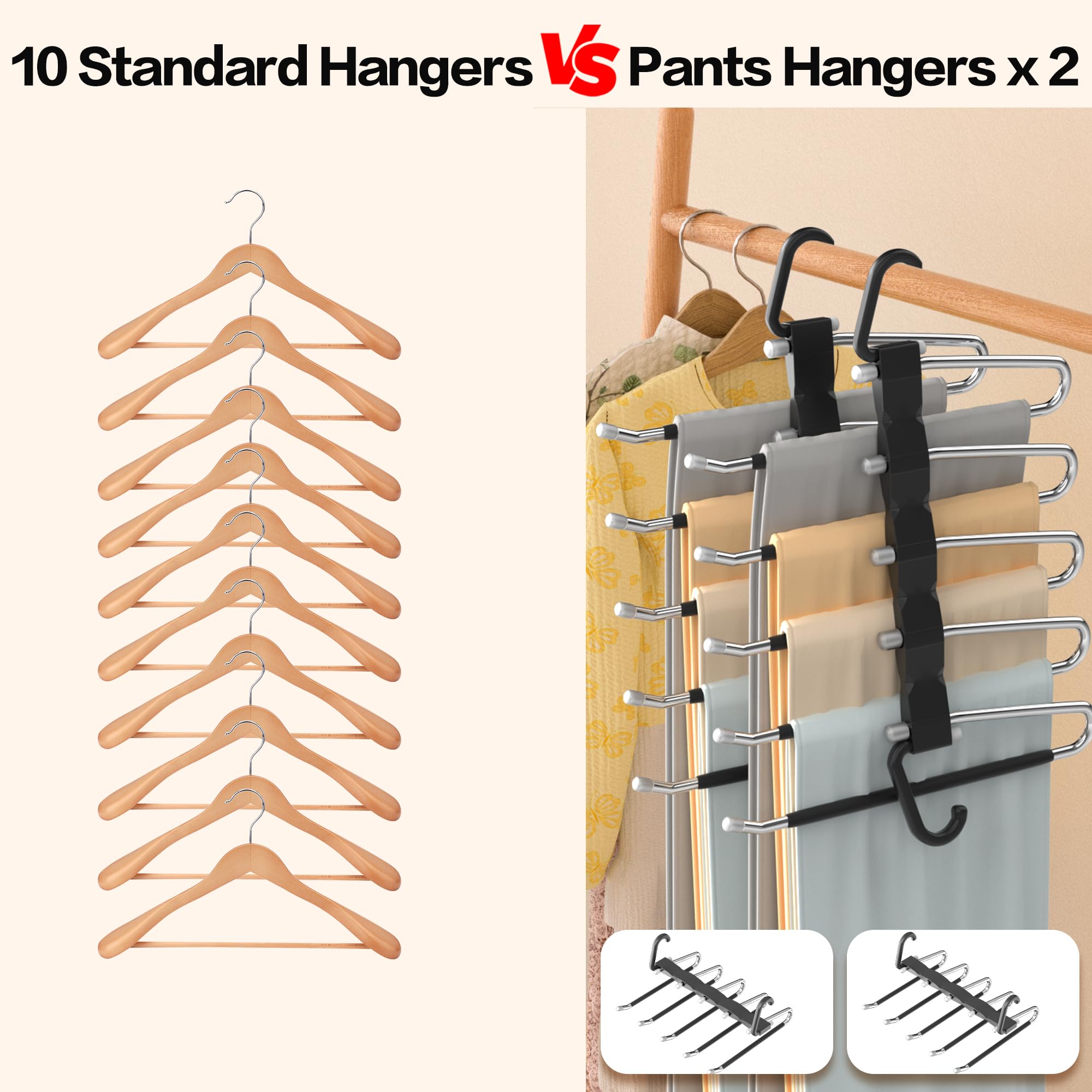 Pants Hangers Space Saving - 2 Pack Closet Organizer and Storage Jean Hangers, Stainless Steel Anti-Slip Clothes Hanger Scarf Holder Pants Hangers for Pants Jeans Leggings Trousers Pant Rack, Black