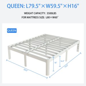 KZZLOL White Bed Frame Queen Size 16 Inch, Metal Queen Bed Frame No Box Spring Needed, Heavy Duty Steel Support 3500 LBS, DIY Headboard, Noiseless, Round Corner Legs, Storage Space, Easy Assembly