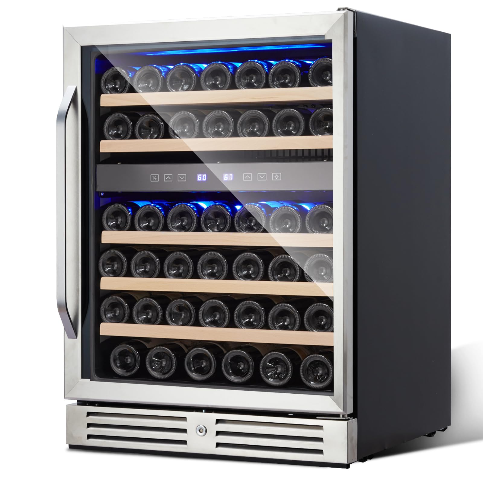 Upgraded 24 Inch Wine Cooler Refrigerator, 46 Bottle Dual Zone Wine Fridge, Built in or Freestanding Wine Cooler with Stainless Steel, Low Noise, Glass Door, Safety Lock, Temperature Memory Function