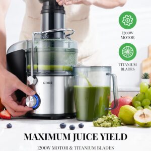 GDOR Powerful 1200W Juicer with Titanium Enhanced Cut Disc, Larger 3” Feed Chute Juicer Machines for Whole Fruits and Vegetables, Centrifugal Juicer with 40 oz. Juice Jug, BPA-Free, Easy to Clean, 3.0