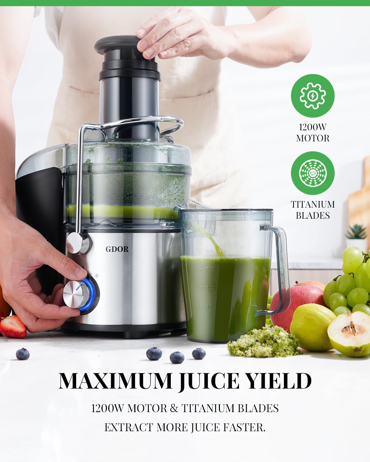 GDOR Powerful 1200W Juicer with Titanium Enhanced Cut Disc, Larger 3” Feed Chute Juicer Machines for Whole Fruits and Vegetables, Centrifugal Juicer with 40 oz. Juice Jug, BPA-Free, Easy to Clean, 3.0