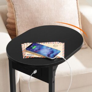 HOOBRO C Shaped End Table with Charging Station, Round Couch Side Table, TV Tray Slide Under Sofa Table with Metal Frame for Small Spaces, Living Room and Bedroom, Black BB18USF01