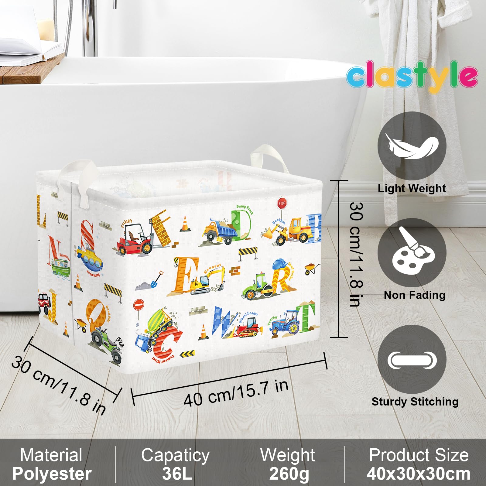 Clastyle Large Alphabet Construction Car Book Shelf Basket Collapsible Rectangle Excavator Ambulance Monster Truck Boy Bin Clothes Toy Car Storage Basket for Kids Room Nursery