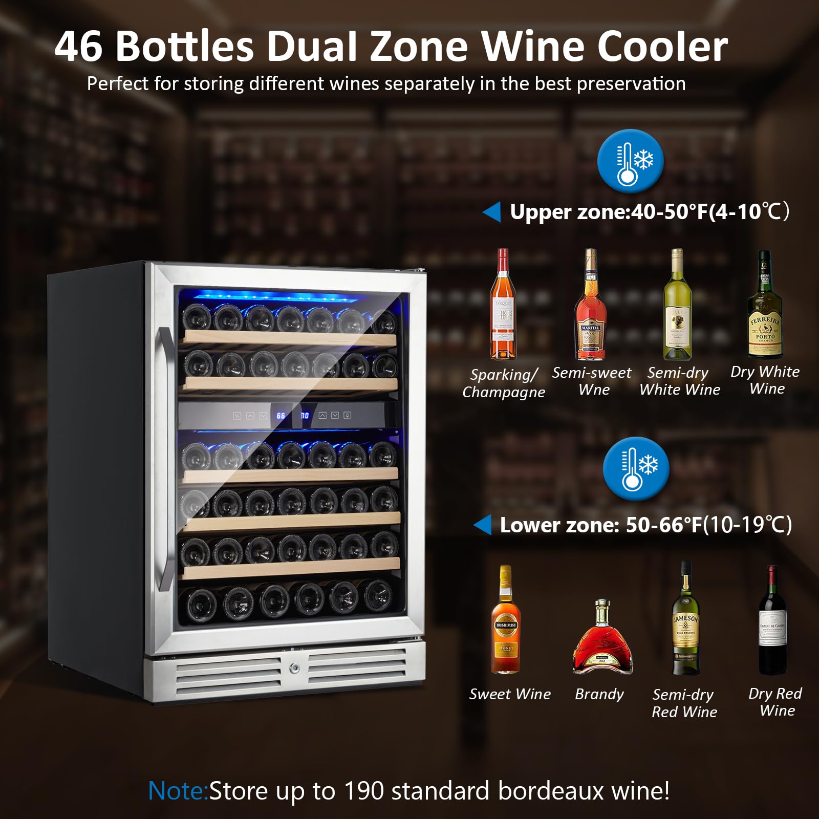 Upgraded 24 Inch Wine Cooler Refrigerator, 46 Bottle Dual Zone Wine Fridge, Built in or Freestanding Wine Cooler with Stainless Steel, Low Noise, Glass Door, Safety Lock, Temperature Memory Function