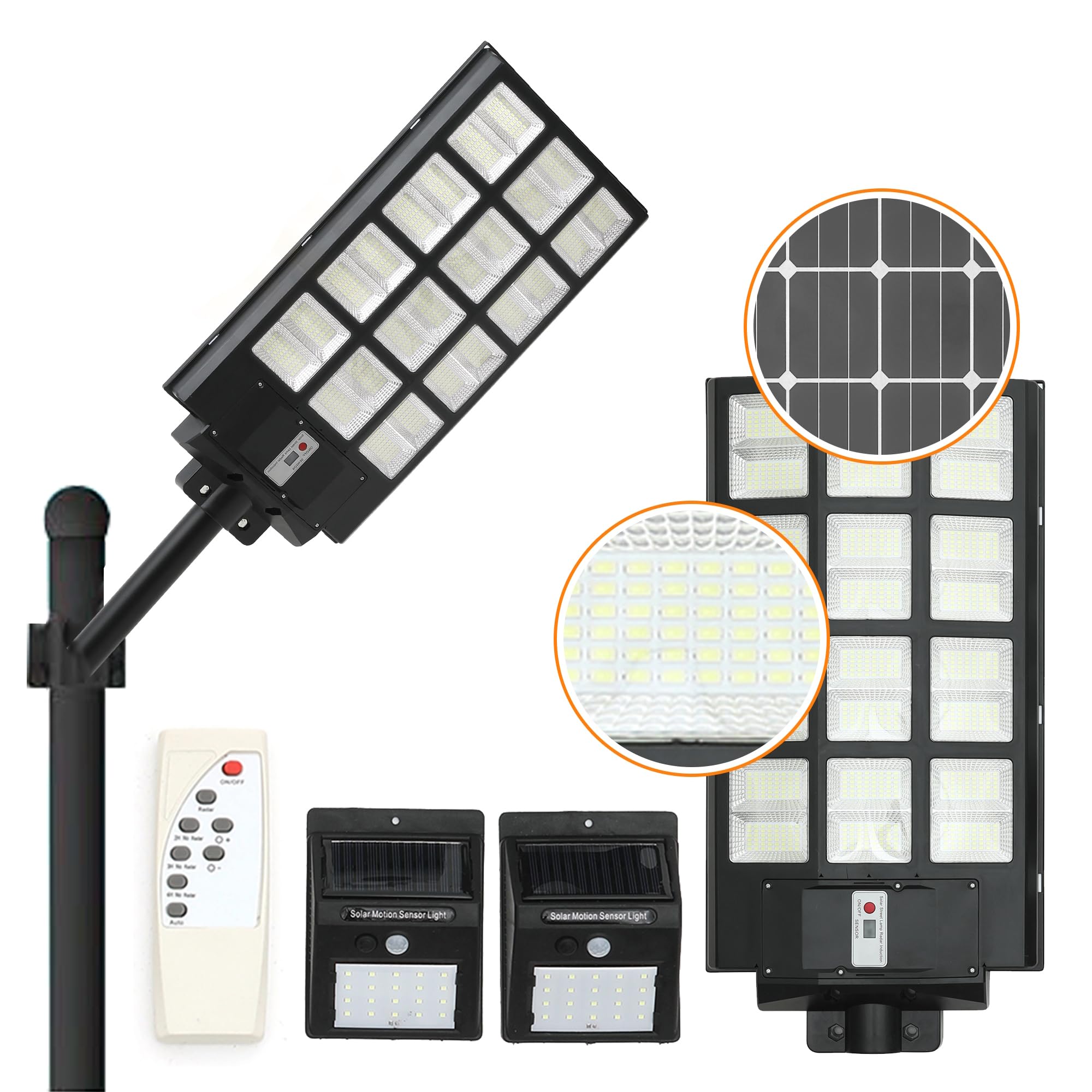 Complete Set of One Large and Two Small Solar Lights for Outdoor - Street Light 1152 LEDs 7000K Motion Activated Dusk to Dawn IP66 Waterproof Security Flood Lights Yard Garage Driveway Parking Lot