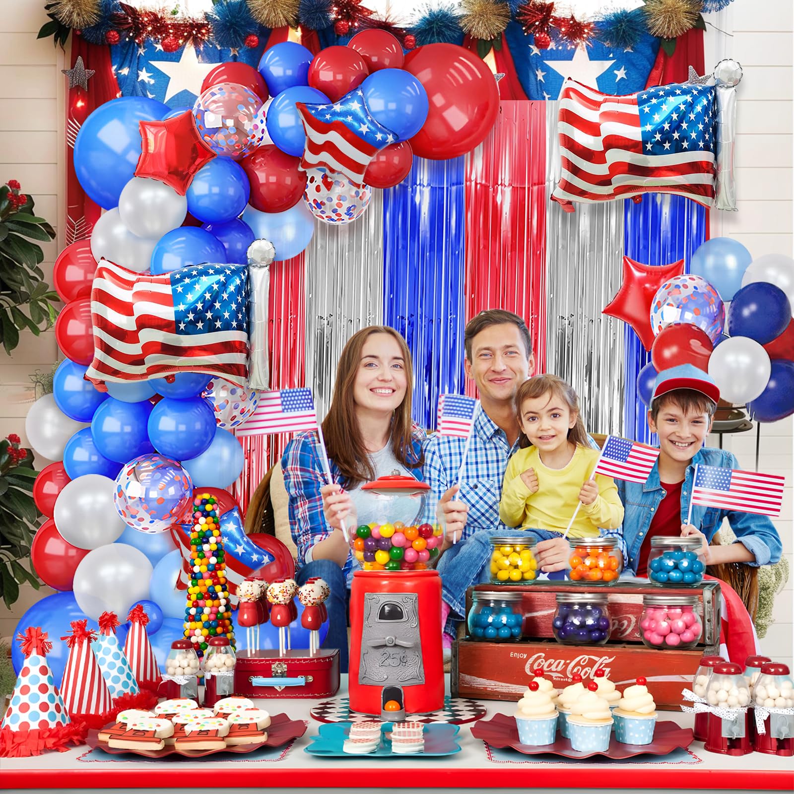 AIBIIN 115pcs Red White and Blue Balloon Arch Kit with Patriotic Theme Foil Fringe Curtain 4Th Of July Decorations Memorial Day Independence Day Graduation Nautical Baseball Party Decorations