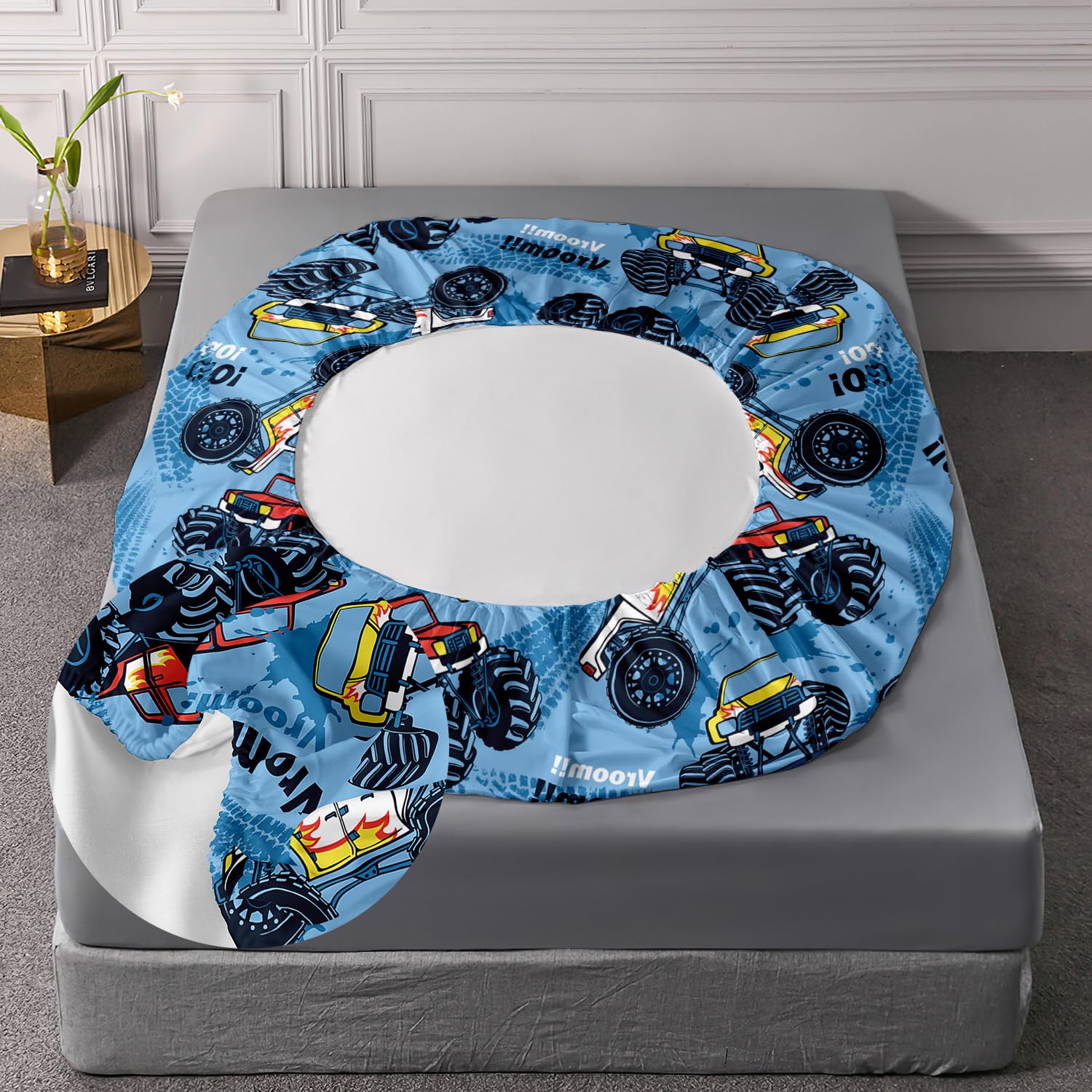 AILONEN Truck Fitted Sheet Set for Boys,Graffiti Blue Monster Truck Bedding Set Twin Size for Kids Boys Teens for Bedroom Decor,1 Fitted Sheet and 2 Pillowcases,3 Pieces