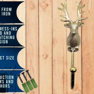 5MOONSUN5 Vintage Deer Head Coat Hook, Heavy Duty Antique Brass, Wall Mounted Animal Collection Deer Single Coat Hook Clothes Rack Wall Hanger, Polish Finish