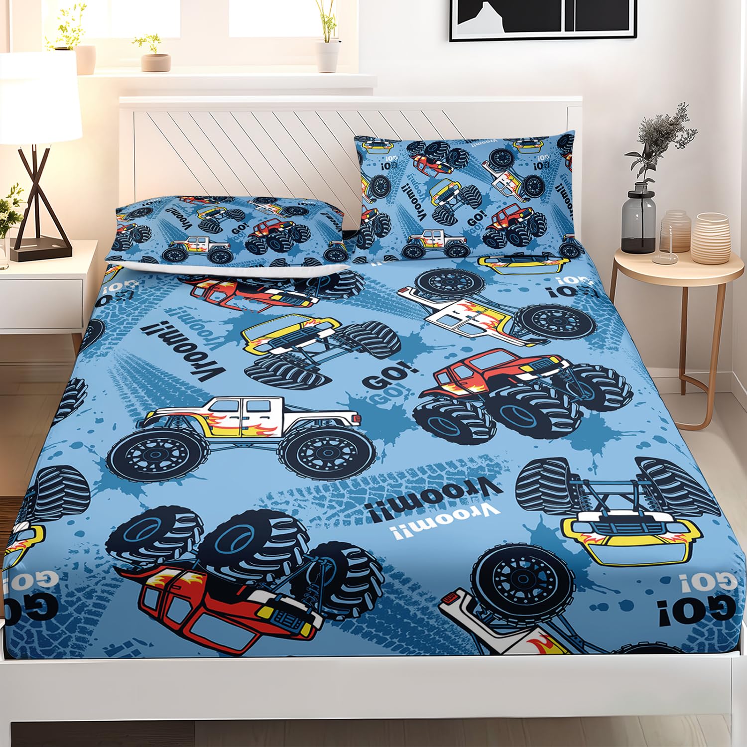 AILONEN Truck Fitted Sheet Set for Boys,Graffiti Blue Monster Truck Bedding Set Twin Size for Kids Boys Teens for Bedroom Decor,1 Fitted Sheet and 2 Pillowcases,3 Pieces