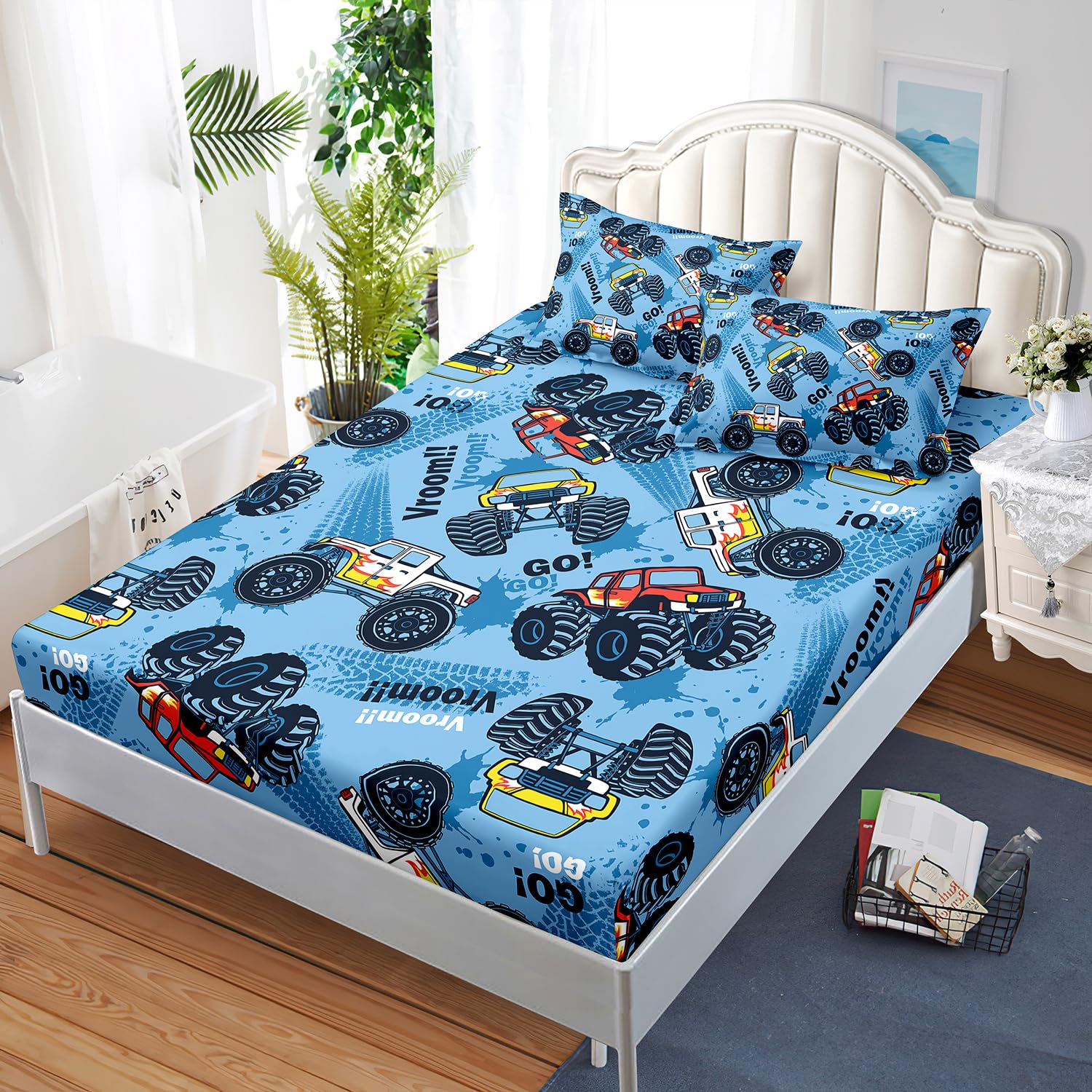 AILONEN Truck Fitted Sheet Set for Boys,Graffiti Blue Monster Truck Bedding Set Twin Size for Kids Boys Teens for Bedroom Decor,1 Fitted Sheet and 2 Pillowcases,3 Pieces