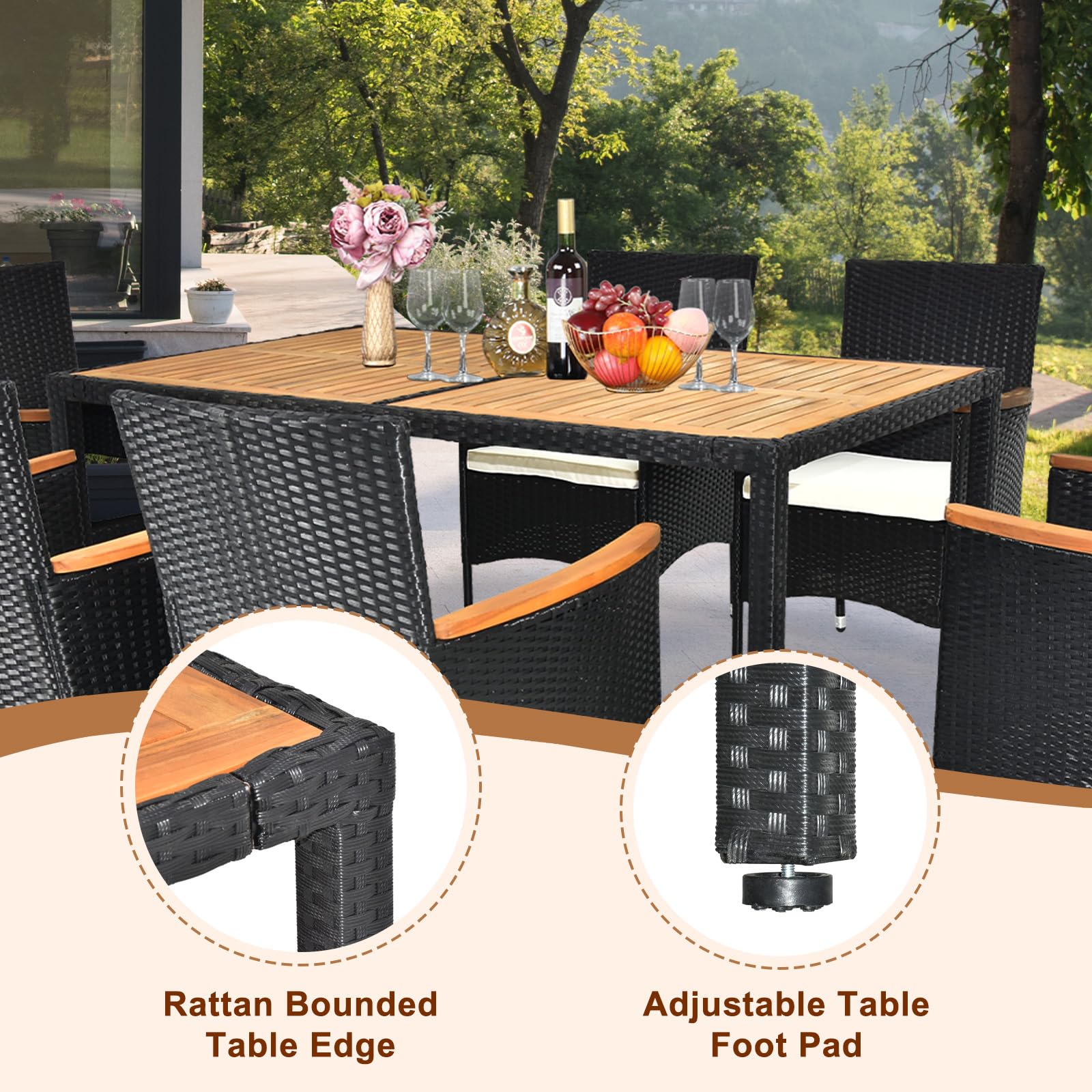 VINGLI 7 Pieces Patio Dining Set, Wicker Outdoor Dining Set for 6 Patio Furniture Set with Acacia Wood Table Outdoor Table and Chairs for Garden and Yard