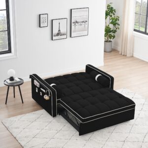 Suheww Black Pull Out Couch Bed, 3 in 1 Convertible Sofa Bed with Adjustable Backrest, Pull Out Sofa Couch with Phone Holder and Pockets, Futon Loveseat Velvet Chaise Lounge for Living Room