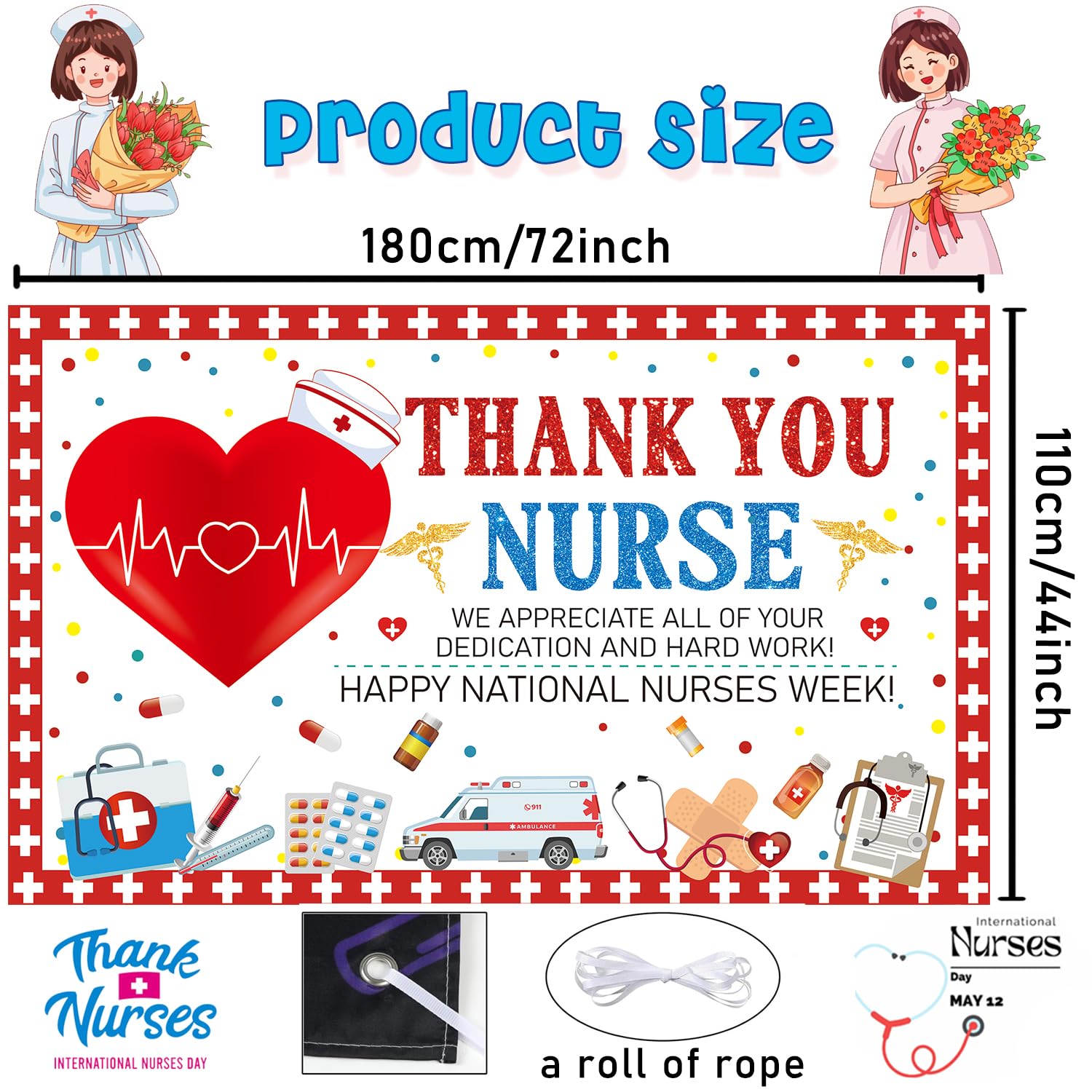 Thank You Nurse Backdrop Large Size Thank You Nurse Banner for Nurse Appreciation Week Decorations National Nurses Week Nursing Graduation Party Decor Supplies