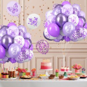 Butterfly Balloons, 12 Inches Butterfly Print Purple and White Latex Balloons Butterfly Patterns for Girls Women Weeding Baby Shower Birthday Party Decorations Activities Graduation