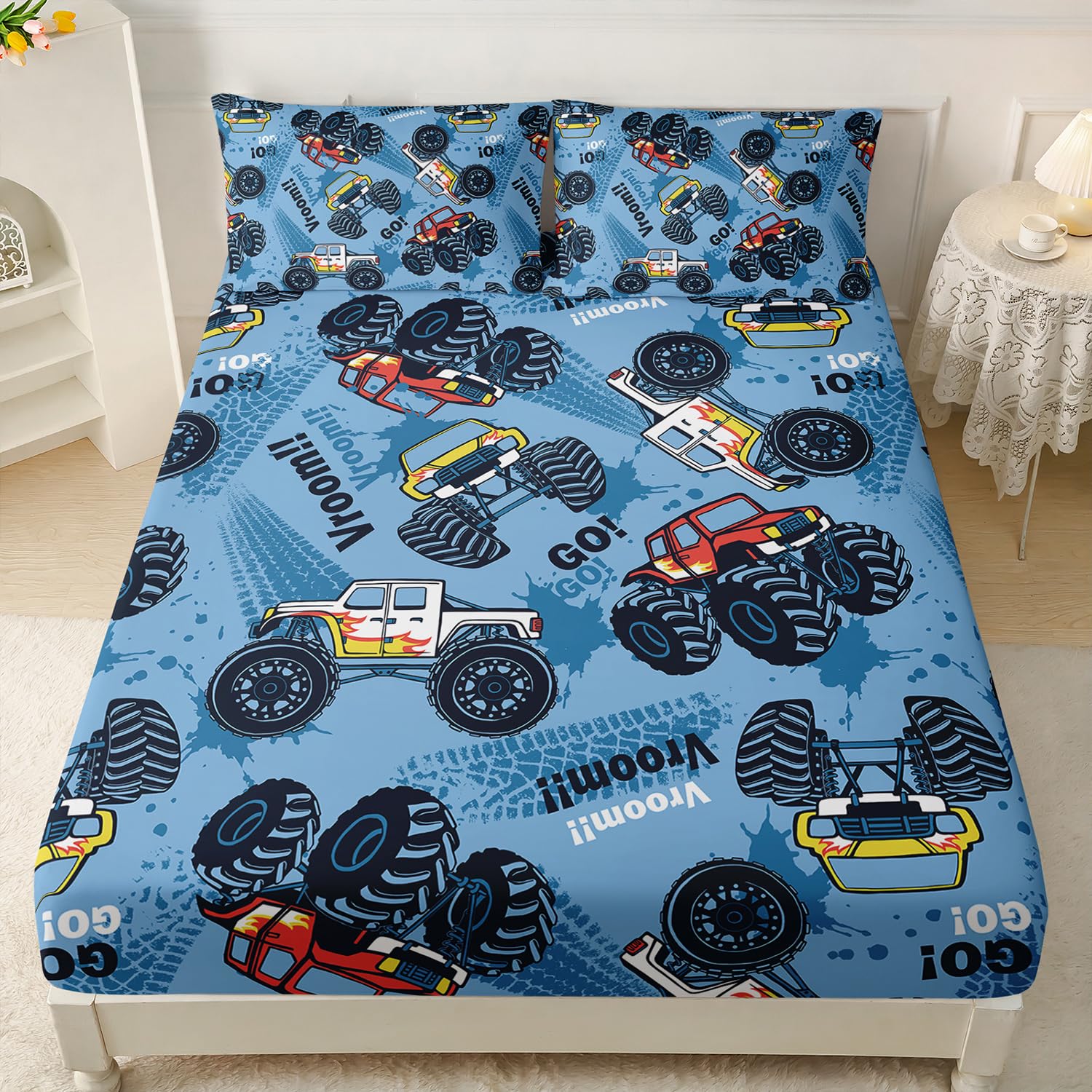 AILONEN Truck Fitted Sheet Set for Boys,Graffiti Blue Monster Truck Bedding Set Twin Size for Kids Boys Teens for Bedroom Decor,1 Fitted Sheet and 2 Pillowcases,3 Pieces