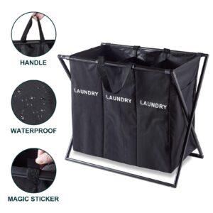 Laundry Basket Hapmer 3 Section Foldable Dirty Clothes Hamper, 24 x 12 x 20.5 inches Laundry Sorter for Bathroom Laundry Room Organization