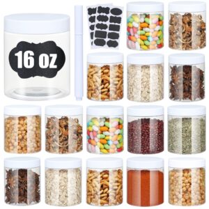 plastic jars with lids, 16 oz plastic containers with lids clear airtight container storage jar mason jars for dry food peanut butter honey jam cosmetics, pack of 16 (16 pcs white lids)