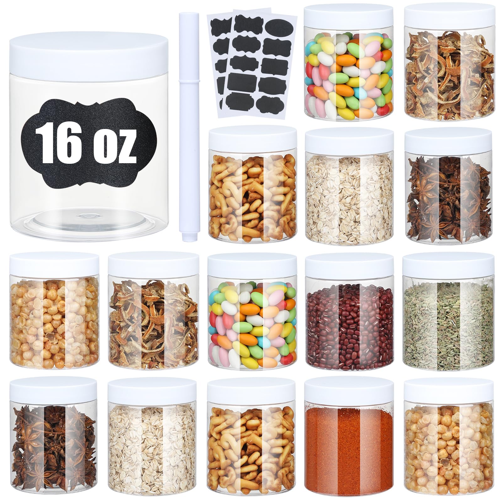 Plastic Jars with Lids, 16 oz Plastic Containers with Lids Clear Airtight Container Storage Jar Mason Jars for Dry Food Peanut Butter Honey Jam Cosmetics, Pack of 16 (16 PCS White Lids)