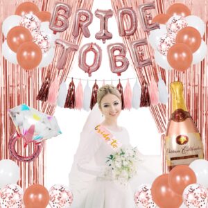 Bachelorette Party Decorations - Rose Gold Bridal Shower Party Decor and Supplies Kit Bride To Be Sash, Veil, Temporary Tattoos, Confetti Balloons Pack Fringe Curtain And Theme Stickers