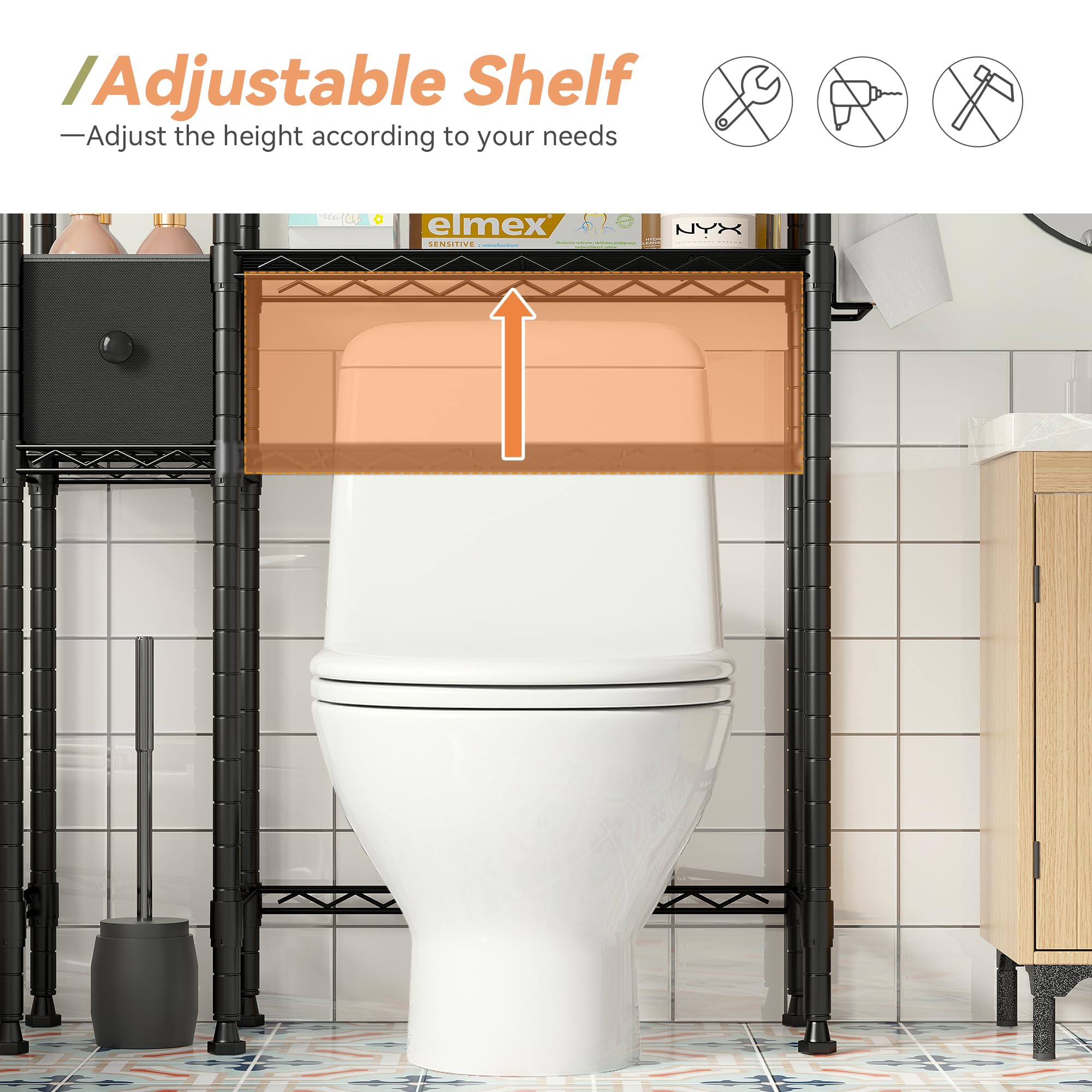 REIBII Over Toilet Storage with Drawer Over The Toilet Storage Shelf 3 Tier Over The Toilet Cabinet Over Toilet Bathroom Storage Bathroom Shelves with Towel Hook,Tissue Holder,Sturdy,Space-Saving