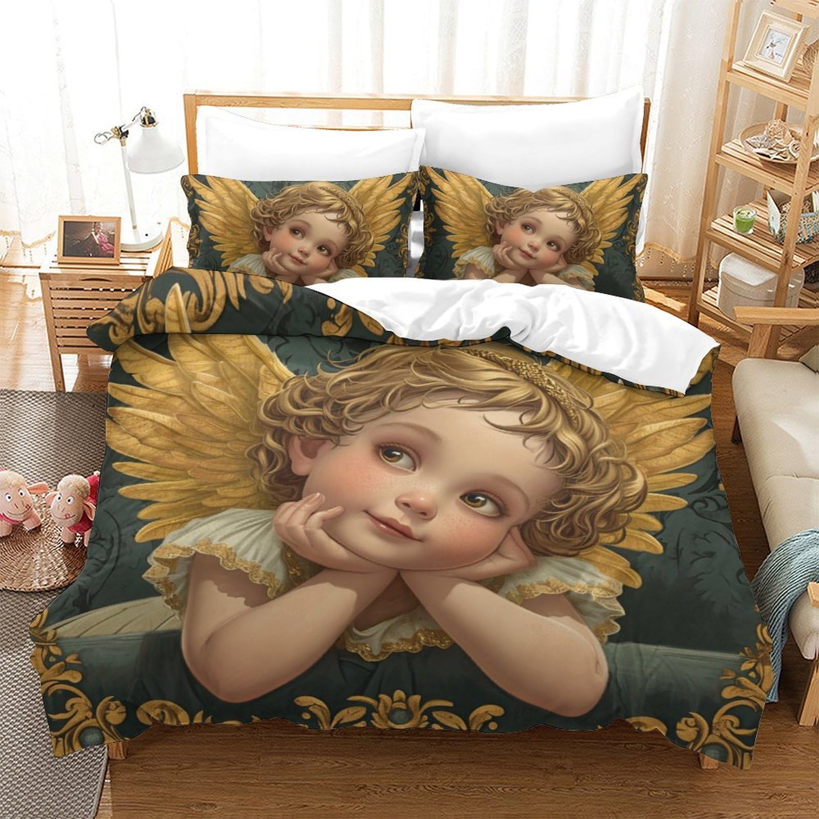 SorEci Cherubs 3pcs 3D Bedding Set Golden Wings Duvet Cover Set Bed Printed Quilt Cover Bed Linens with 2 Pillowcases with Zipper All Season Queen（228x228cm）, Style-3