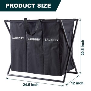 Laundry Basket Hapmer 3 Section Foldable Dirty Clothes Hamper, 24 x 12 x 20.5 inches Laundry Sorter for Bathroom Laundry Room Organization