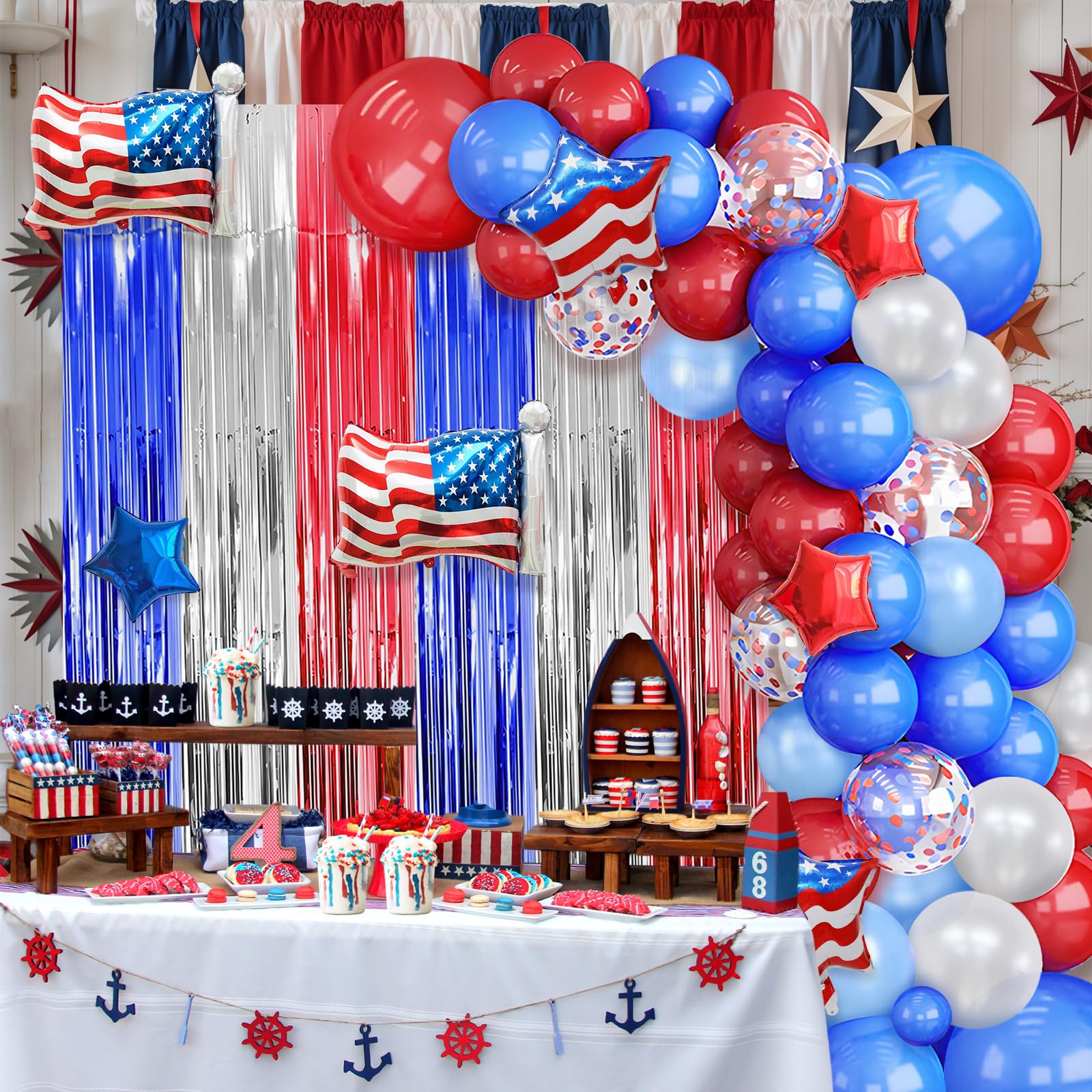 AIBIIN 115pcs Red White and Blue Balloon Arch Kit with Patriotic Theme Foil Fringe Curtain 4Th Of July Decorations Memorial Day Independence Day Graduation Nautical Baseball Party Decorations