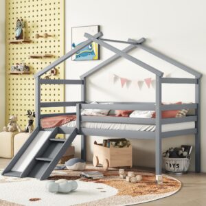 xd designs twin size low loft bed with slide and ladder for kids boys girls, solid wood loft bed frame with safety guardrails and roof, sturdy slat support, playhouse design (grey-roof)