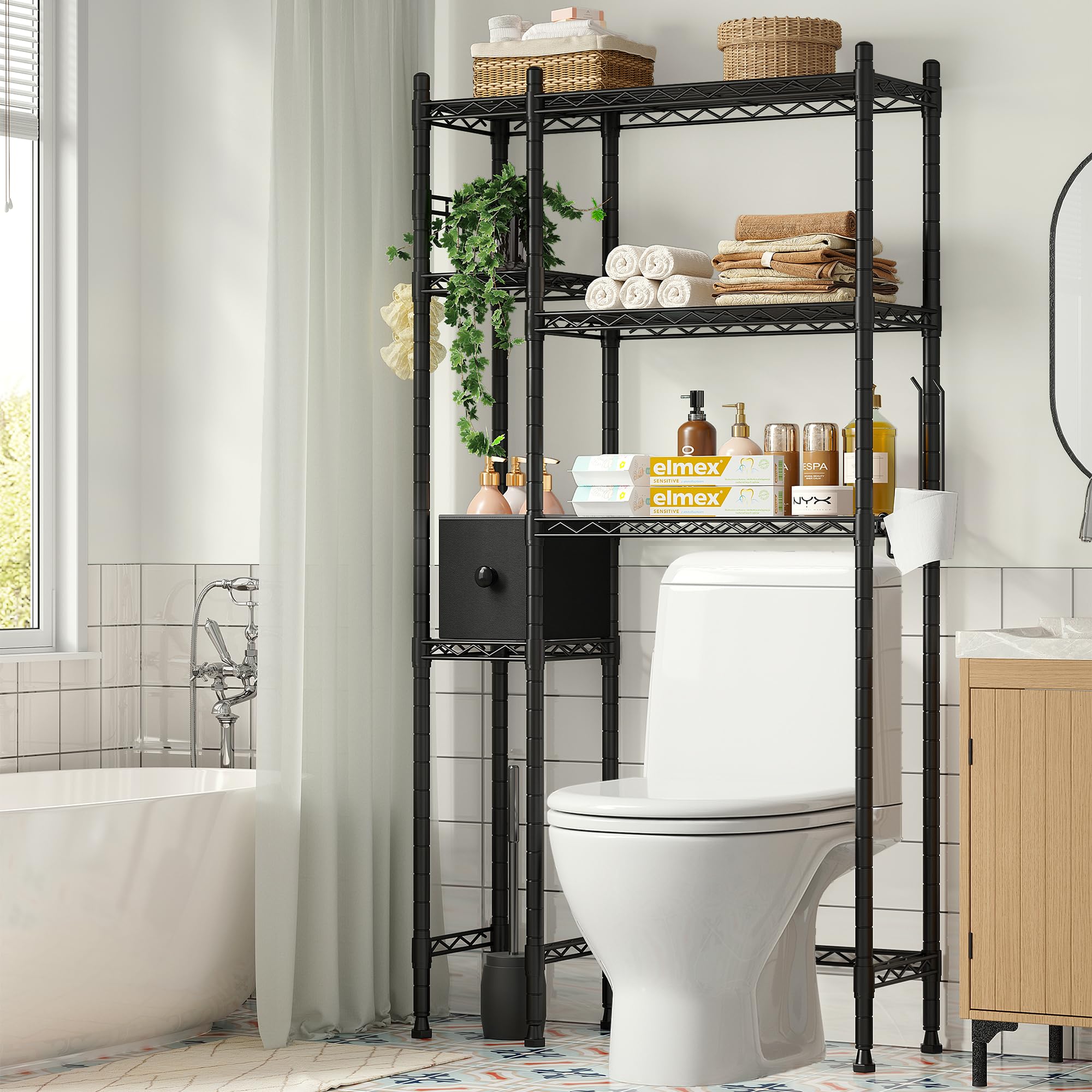 REIBII Over Toilet Storage with Drawer Over The Toilet Storage Shelf 3 Tier Over The Toilet Cabinet Over Toilet Bathroom Storage Bathroom Shelves with Towel Hook,Tissue Holder,Sturdy,Space-Saving