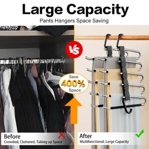 Pants Hangers Space Saving - 2 Pack Closet Organizer and Storage Jean Hangers, Stainless Steel Anti-Slip Clothes Hanger Scarf Holder Pants Hangers for Pants Jeans Leggings Trousers Pant Rack, Black