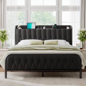 feonase leather queen bed frame with fast charging station,queen size metal platform beds with upholstered headboard & footboard,12" underbed storage space,easy assembly,noise-free,black